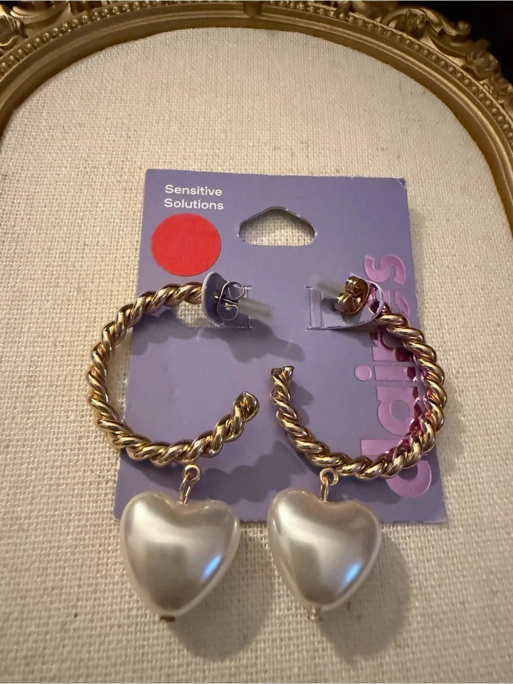Claire’s Gold-Tone Twisted Hoop Earrings with Pearl Heart Drops